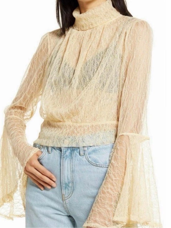Free People Tops - Free People Sheer Lace High-Neck Blouse in Cream XL NWT